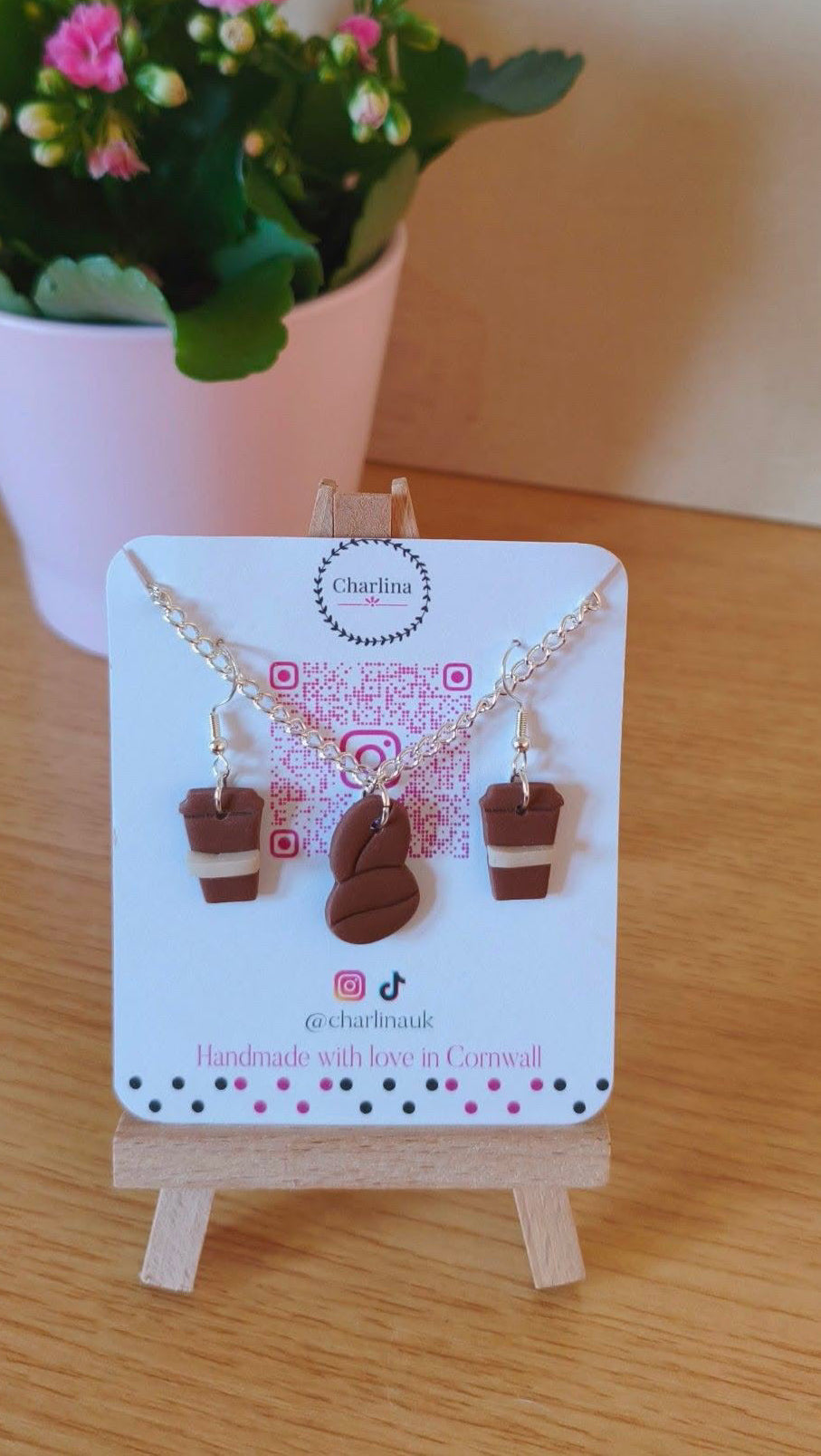 Coffee Necklace and Earrings Set